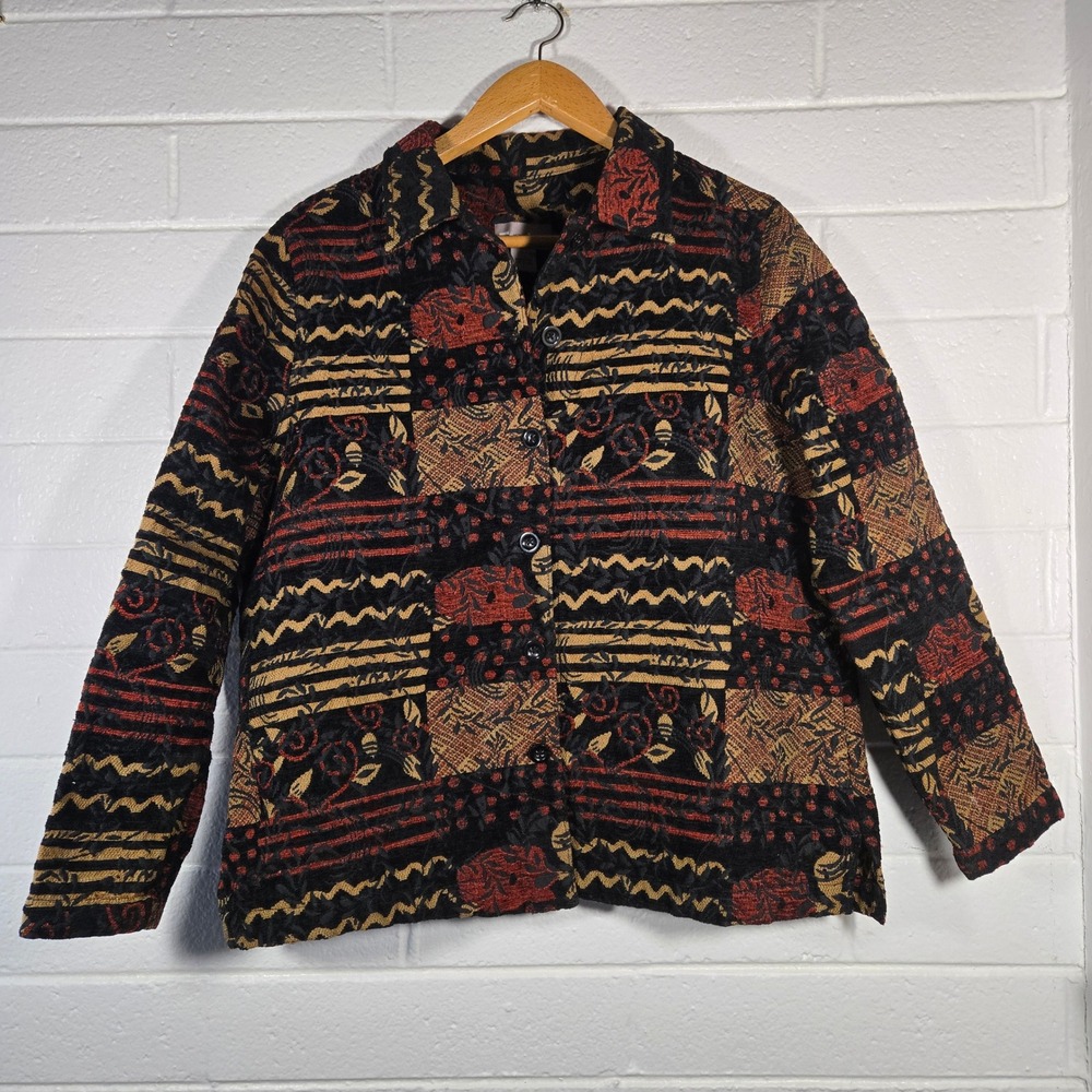 Tanjay Tapestry Jacket Large Button Front Patterned Boho Art To‎ Wear Funky